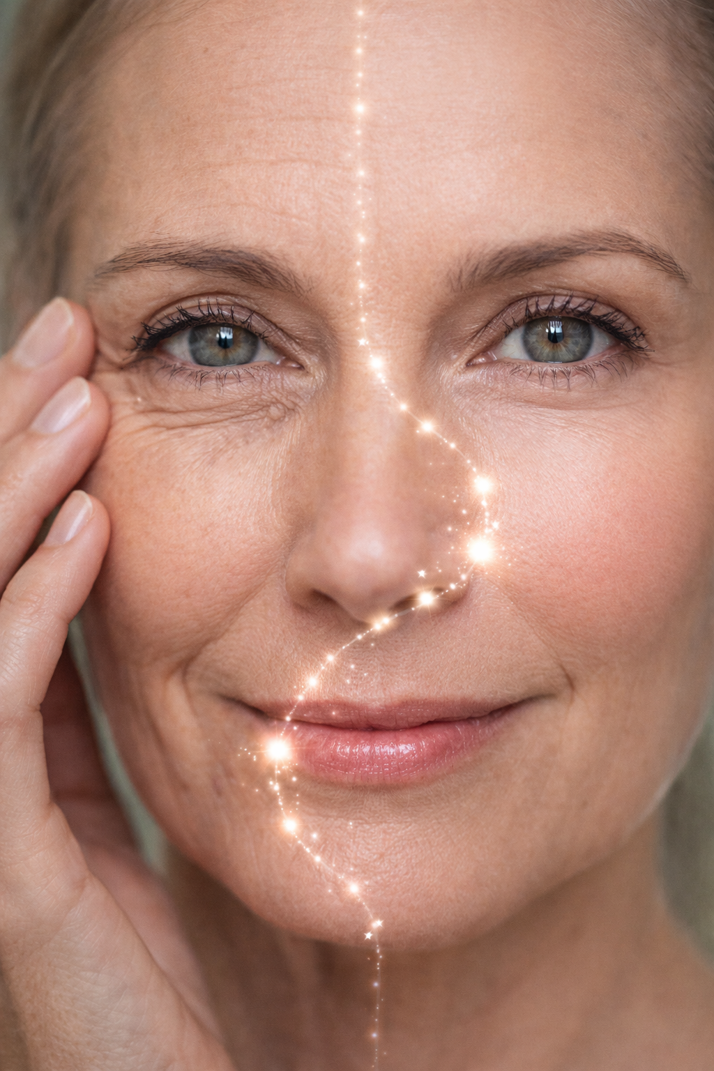 Soin anti-âge et vitalité : visage de femme sereine avec symboles de régénération naturelle, santé et sommeil profond.